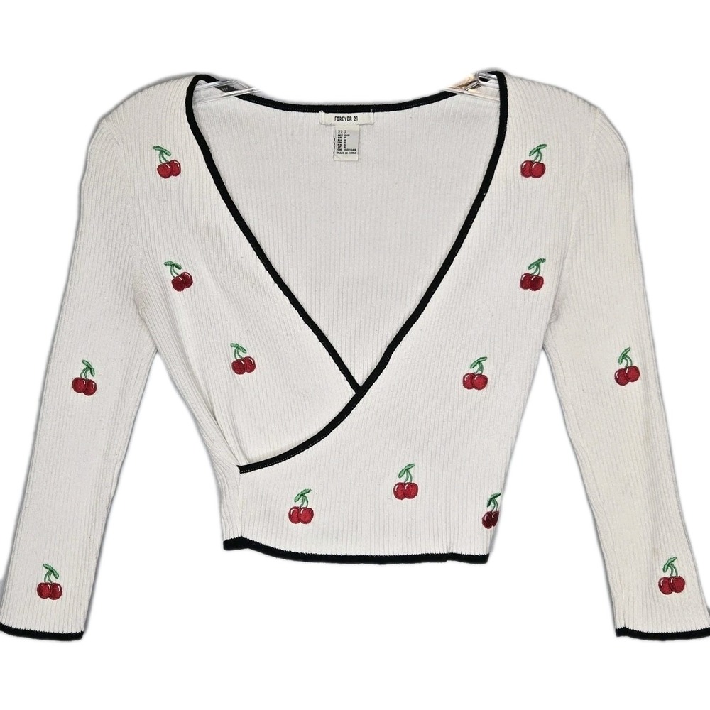Cherry Embroidered Ribbed Wrap Crop Top White Rockabilly Pinup Coquette Small S